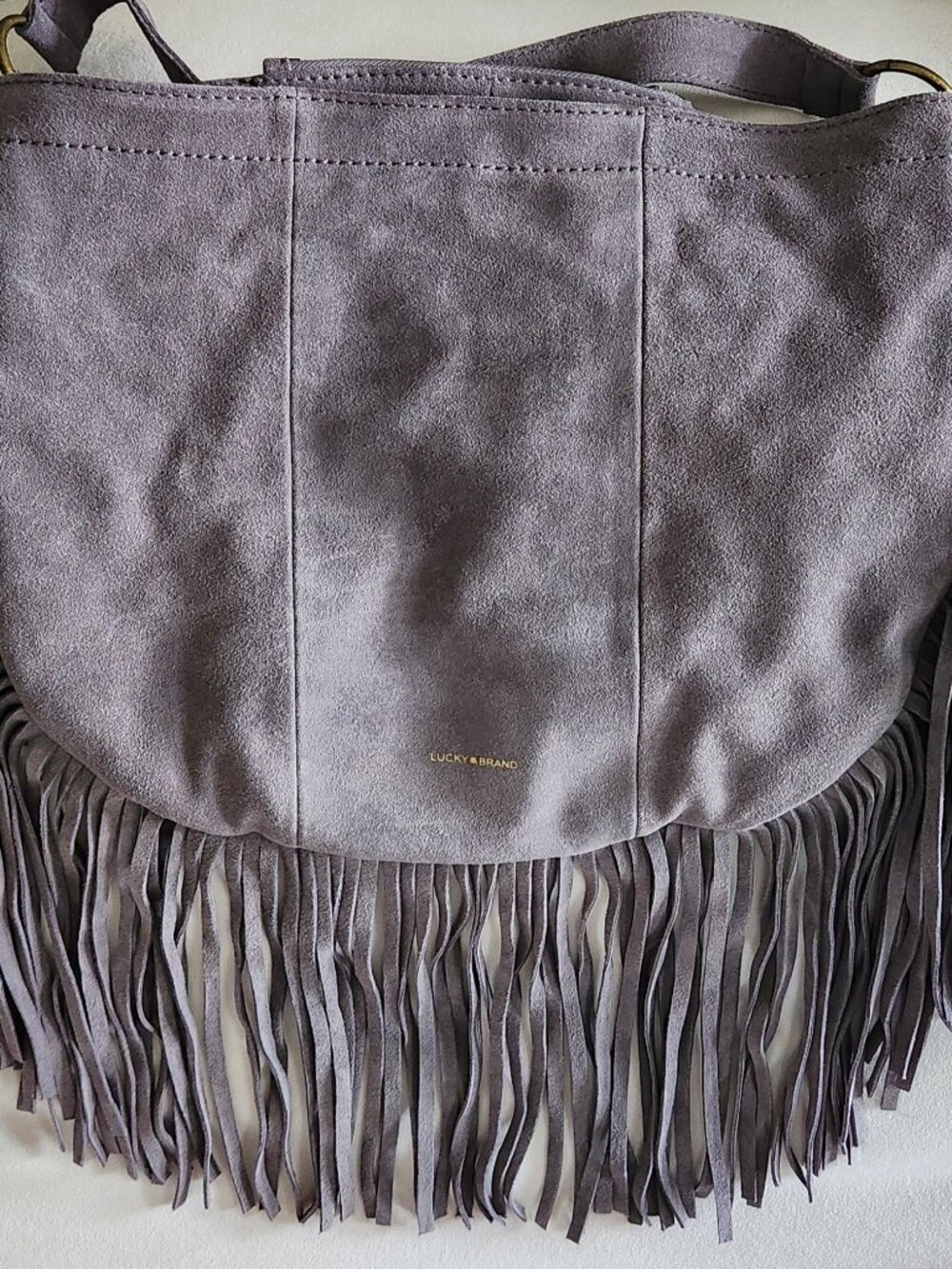 Lucky Brand Rickey Gray Suede Leather Fringe Hobo Bag NWOT